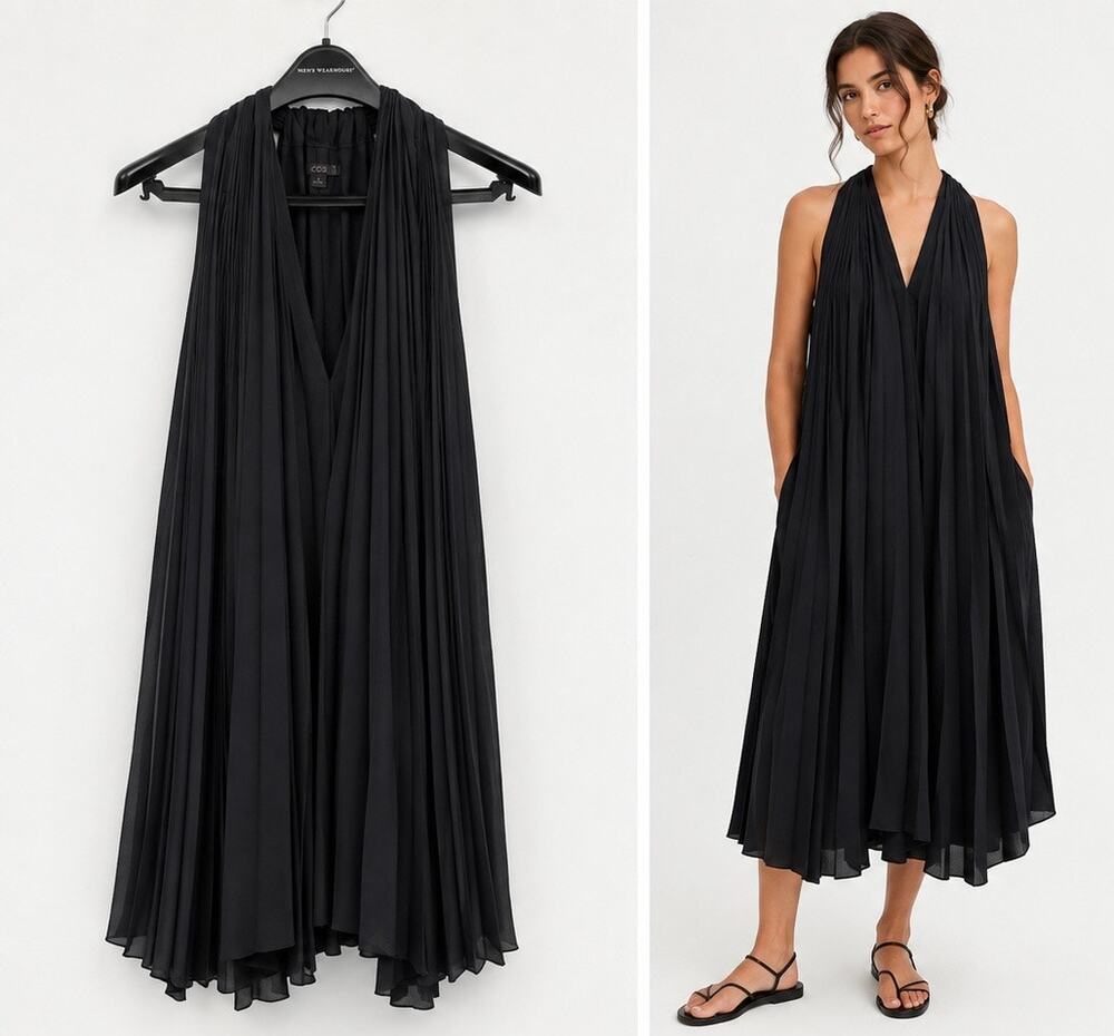COS Black Pleated Draped Dress 42 Avant Garde Architectural Quiet Luxury Size L